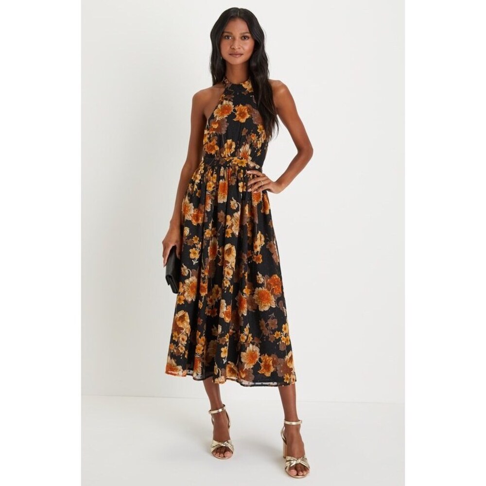 Lulus Charming Vision Black Floral Swiss Dot Lurex Halter Midi Dress - Size S